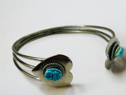 Silvertone Open Bangle Bracelet 2 Hearts Polymer Clay Faux Turquoise