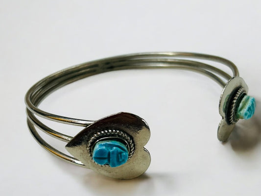 Silvertone Open Bangle Bracelet 2 Hearts Polymer Clay Faux Turquoise