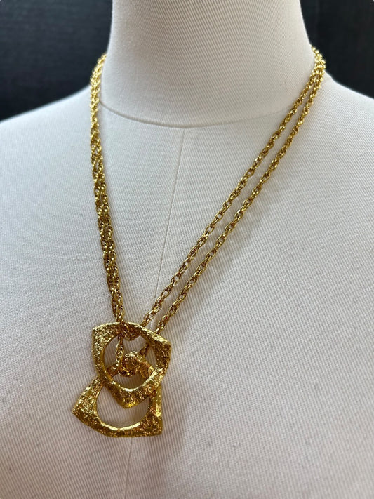 Goldtone Statement Necklace Double Strand 21 Inch Oversize Pendants