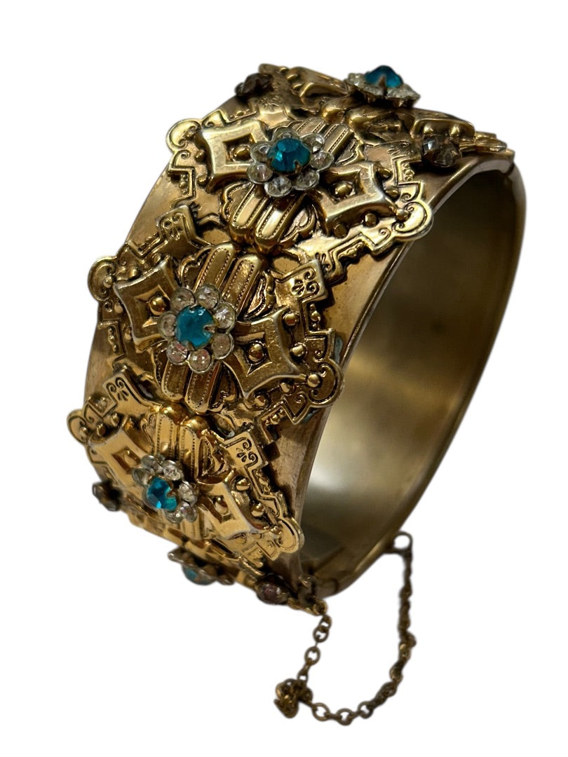 Vintage Cuff Bangle Bracelet Hinged Aquamarine Ornate