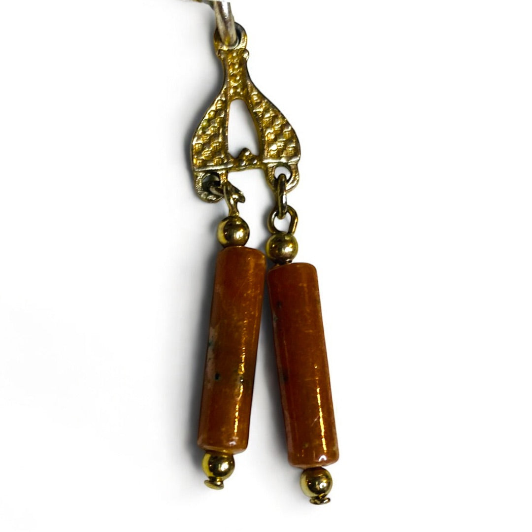 Vintage Emmons Long Tassel Necklace Goldtone Green Orange Acrylic Beads 36 Inch