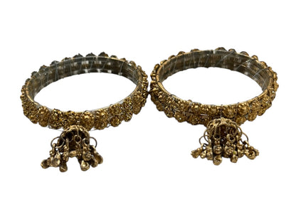 Small Goldtone Bangle Bracelets Set of 2 Glittery Tassels 2.25" Inside Diameter