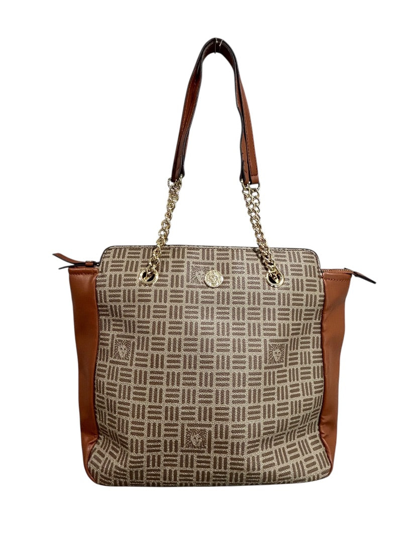 Anne Klein Tote Bag Brown Tan Monogram Chain Strap Purse Zip Pocket Logo