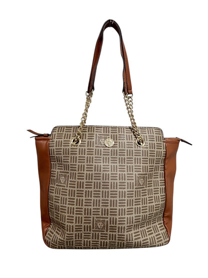 Anne Klein Tote Bag Brown Tan Monogram Chain Strap Purse Zip Pocket Logo