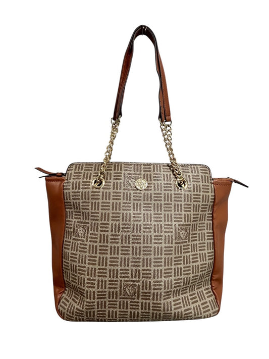 Anne Klein Tote Bag Brown Tan Monogram Chain Strap Purse Zip Pocket Logo