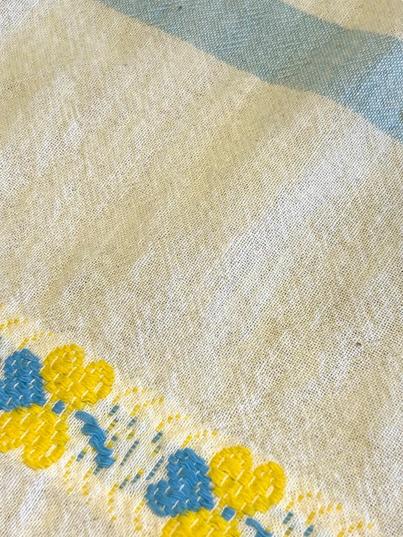 Vintage Tablecloth Linen Blue Yellow Embroidered 48 x 66 Inch Table Linen