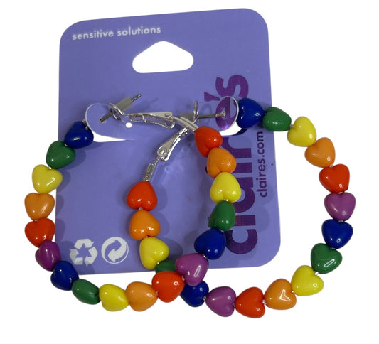 Claires New Heart Rainbow Hoop Earrings Leverback Pierced 2 Incch