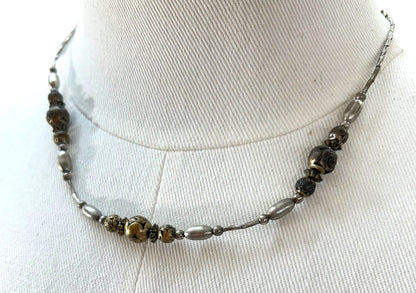 Vintage Mixed Metals 18 Inch Necklace Barrel Clasp Rose Beads