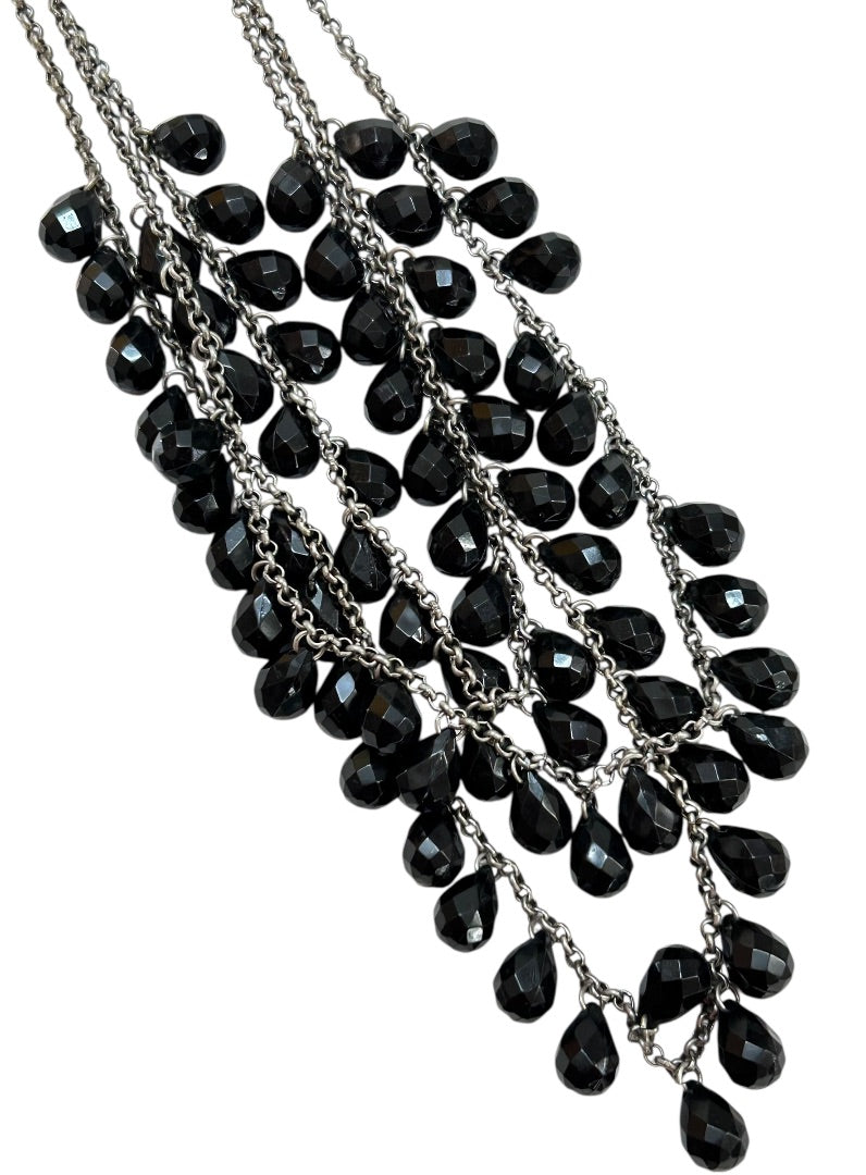 Black and Silvertone 3 Strand Tiered Necklace 20-22 Inch 2.5" Drop