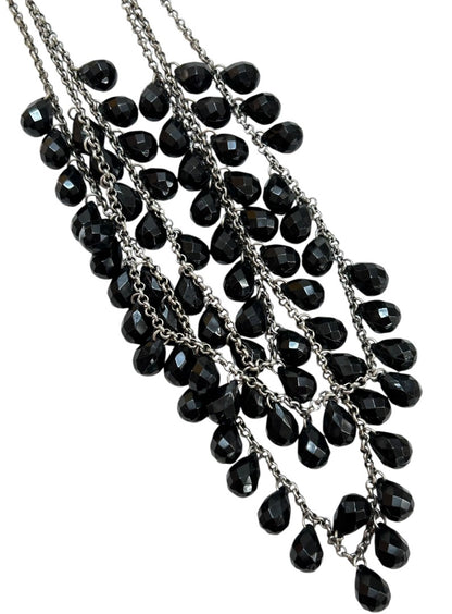 Black and Silvertone 3 Strand Tiered Necklace 20-22 Inch 2.5" Drop