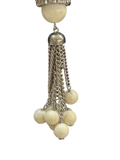 Vintage Silvertone and Cream Bead Necklace 19 Inch Spring Clasp Tassel