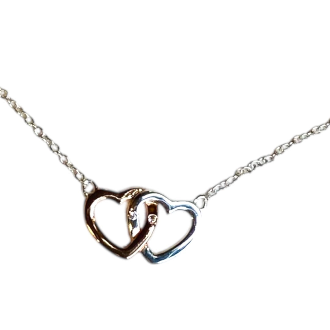Silvertone Delicate Chain Necklace 18" Interlocking Hearts Copper Color
