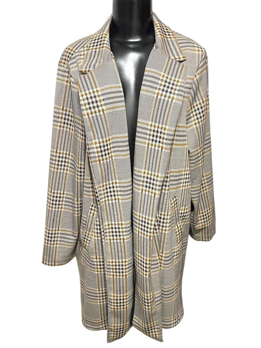 1X Melloday Collared Long Plaid Open Jacket Pockets Womens Retro
