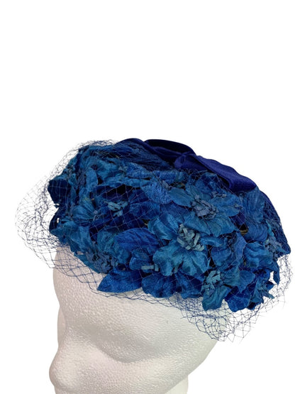 Blue Floral Veil Hat 1950s Net Fascinator Pillbox Style Miss Sally Box John Wanamaker