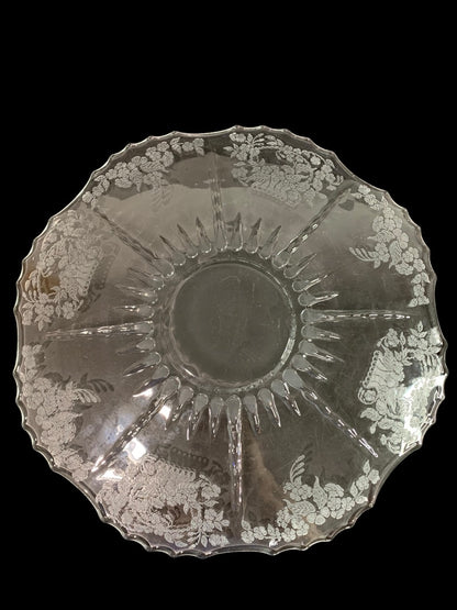 New Martinsville Flower Basket Clear Glass Etched Vintage Platter 12 Inch