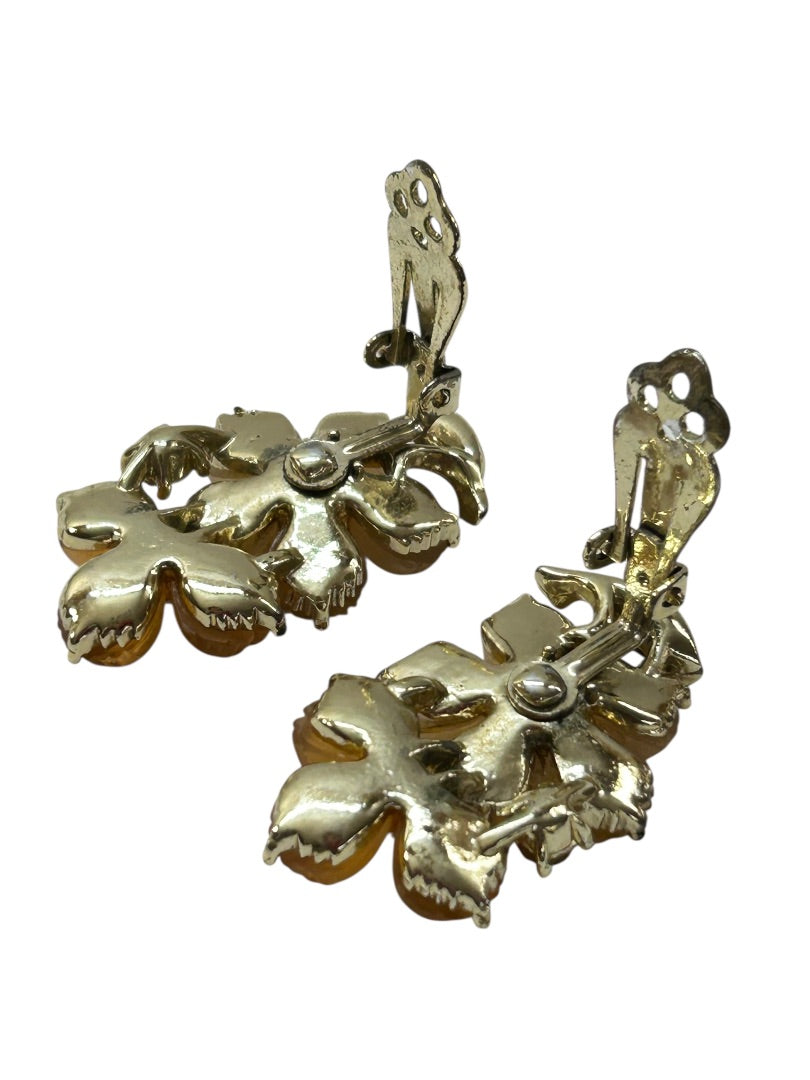 Vintage Signed Lisner Clip On Earrings Acrylic Amber Floral 1.5" Drop