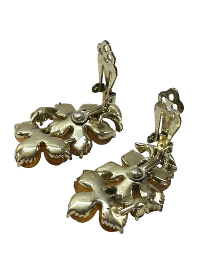 Vintage Signed Lisner Clip On Earrings Acrylic Amber Floral 1.5" Drop