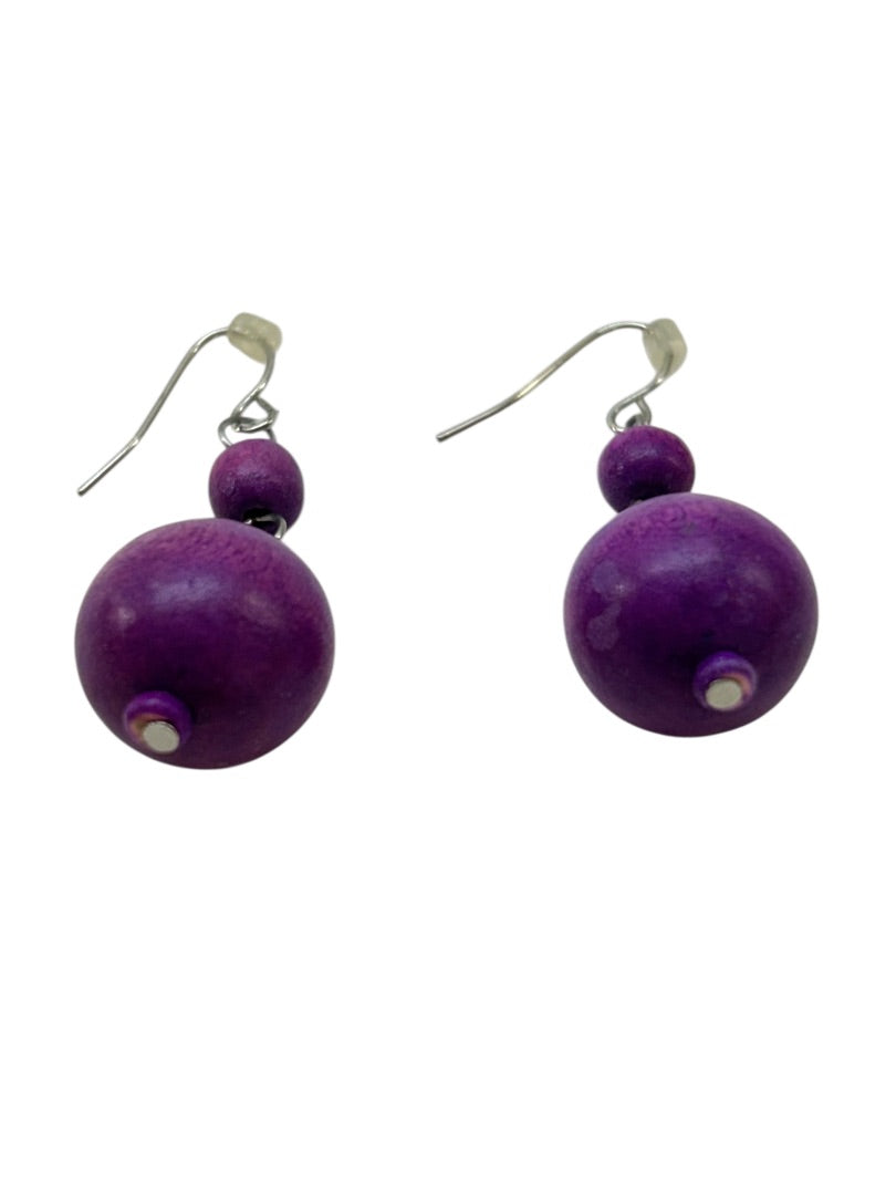 Purple Wooden Beaded Earrings Pierced Fish Hook Silvertone 1.5" Drop