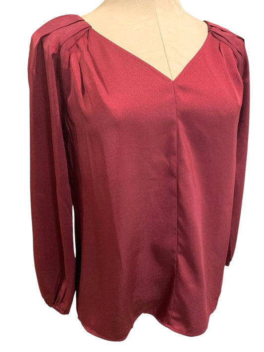 XS Loft Womens Burgundy Pullover Blouse Satiny Top V-Neck Long Sleeve