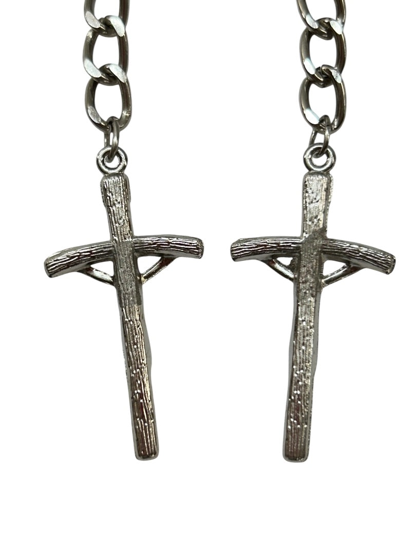 Set of 2 Silvertone Cross Jesus Religious Christian Keychain Key Rings 4.5"