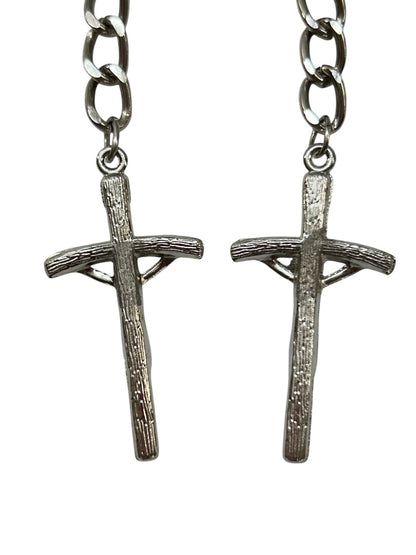 Set of 2 Silvertone Cross Jesus Religious Christian Keychain Key Rings 4.5"