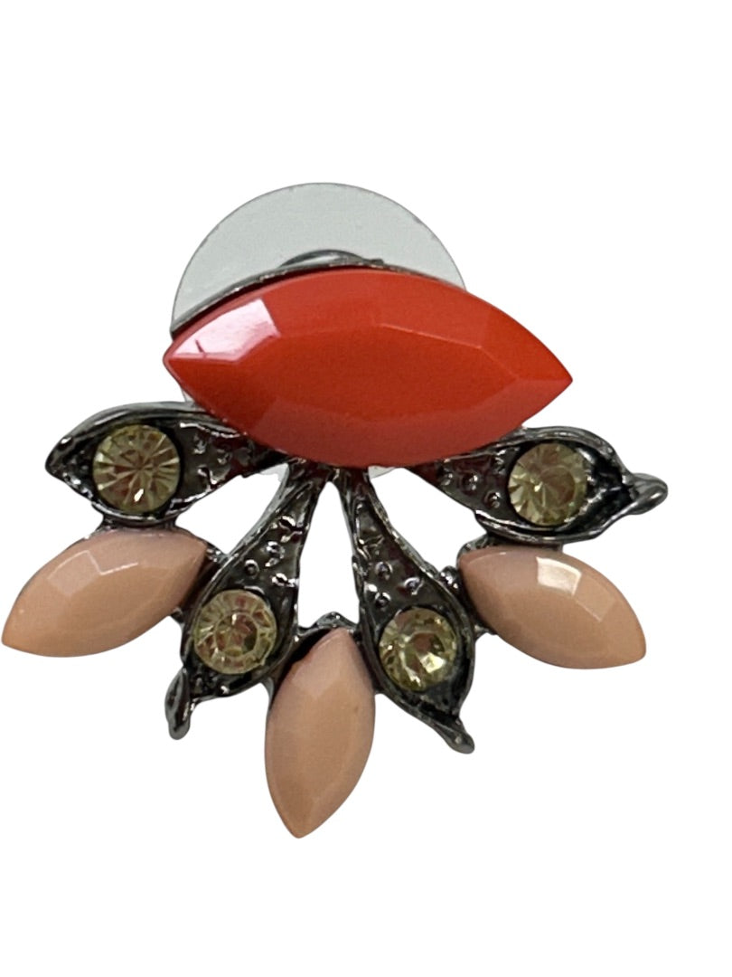 Retro Post Pierced Earrings Coral Pink Pewter Colors .75 Inch