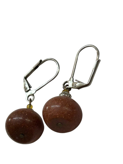 Goldstone Bead Earrings Leverback Silvertone 1.25 Inch Drop
