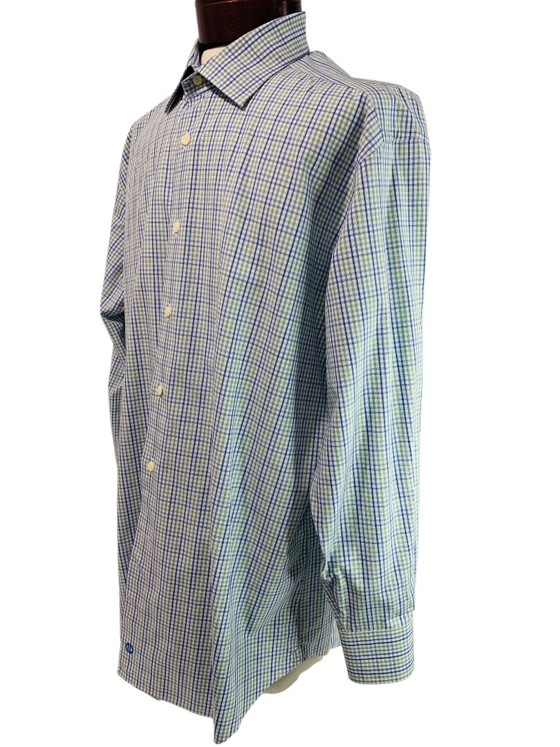 17.5 (32/33) David Donahue Mens Button Up Dress Shirt Plaid Blue Green