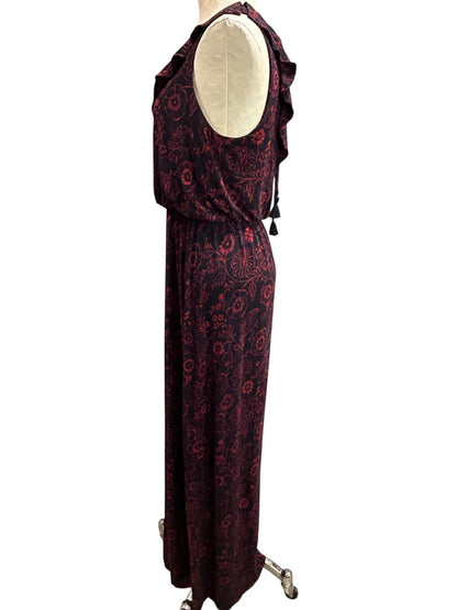 Medium Loft Navy Blue Red Floral V-Neck Tie Back Maxi Dress Soft Knit