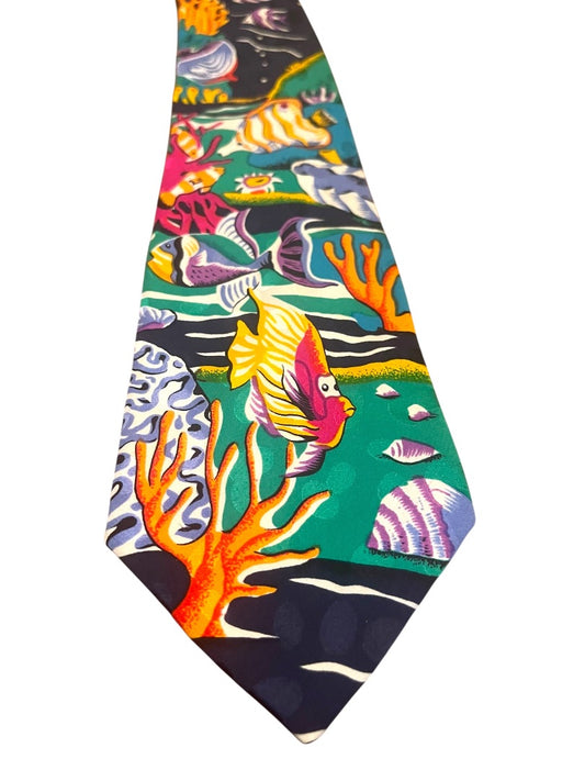 Addiction Tie 100% Silk Handmade Korea Tropical Fish Ocean Coral Pattern Vintage