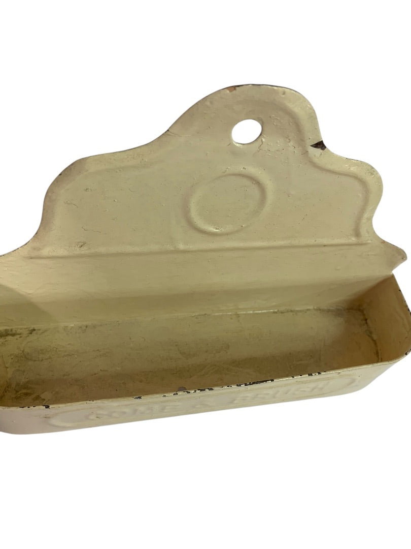 Retro Tin Wall Hanging Comb and Brush Shelf Holder Ivory Distressed