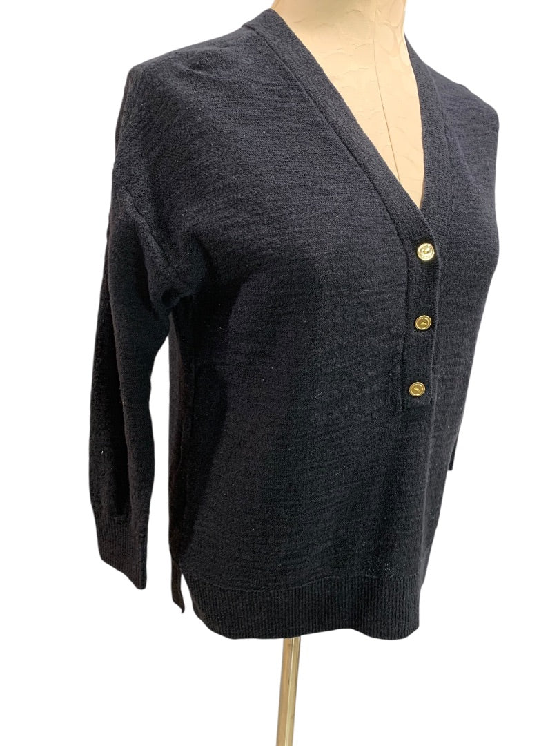 XS Loft Womens Navy Blue V-Neck  Sweater Goldtone Buttons