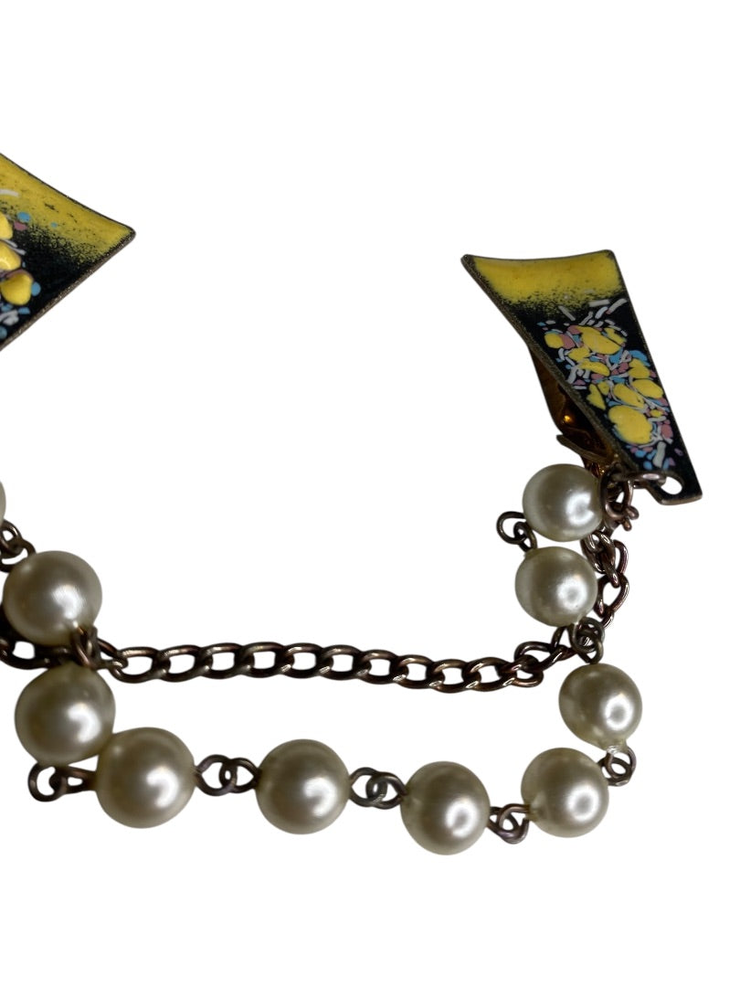 Vintage Enameled Sweater Clip Yellow Chain Abstract 7"