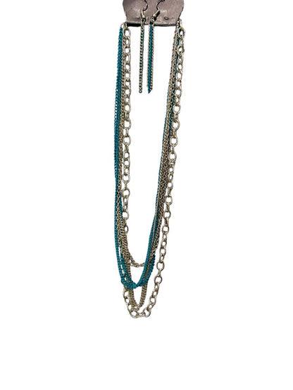 Paparazzi New Silvertone Necklace and Earring Set Turquoise Multistrand 40"