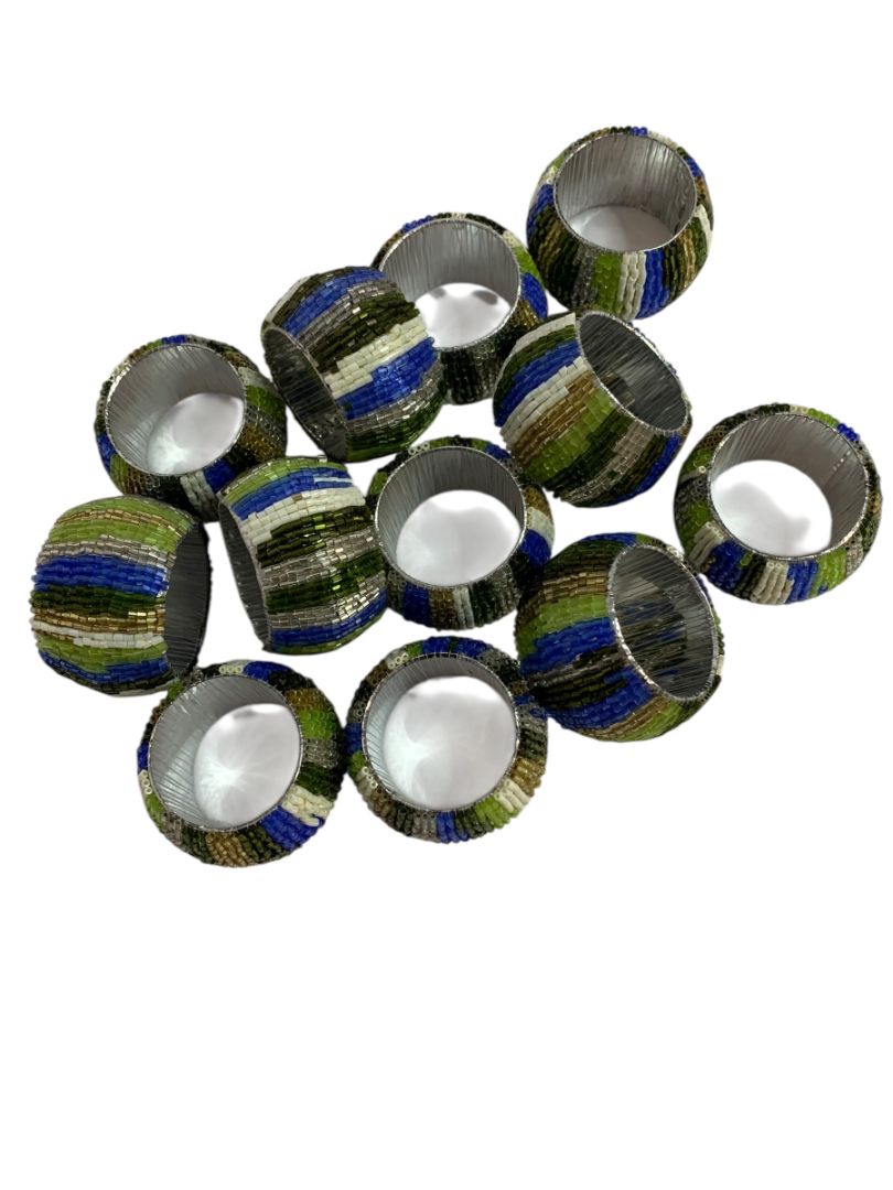 Set of 12 Beaded Napkin Rings Silvertone White Blue Green Stripes
