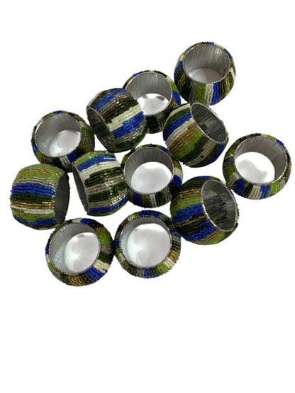 Set of 12 Beaded Napkin Rings Silvertone White Blue Green Stripes
