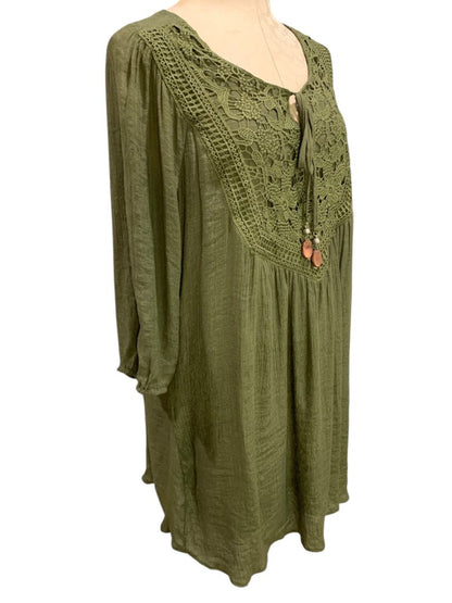 XL Indigo Rose Womens Boho Shift Dress Olive Green