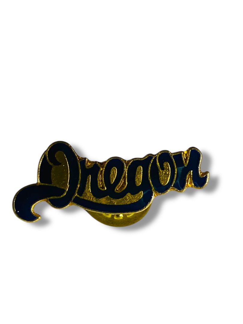 Vintage Oregon Lapel Pin Goldtone Navy Blue Script 1.25"