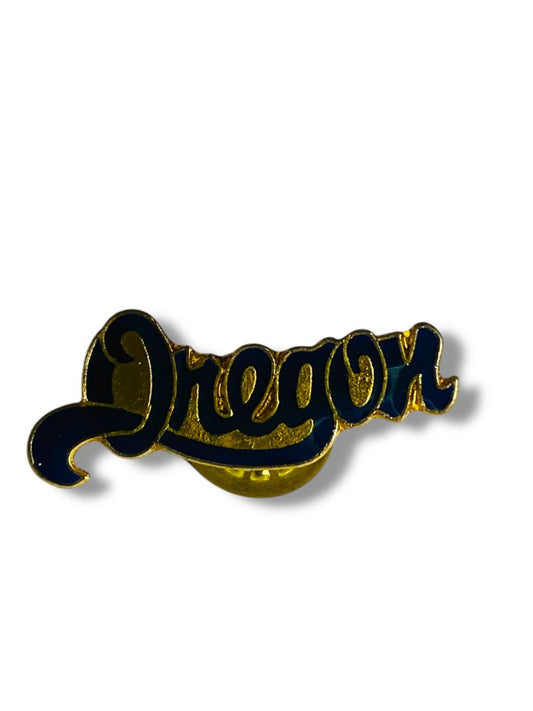 Vintage Oregon Lapel Pin Goldtone Navy Blue Script 1.25"