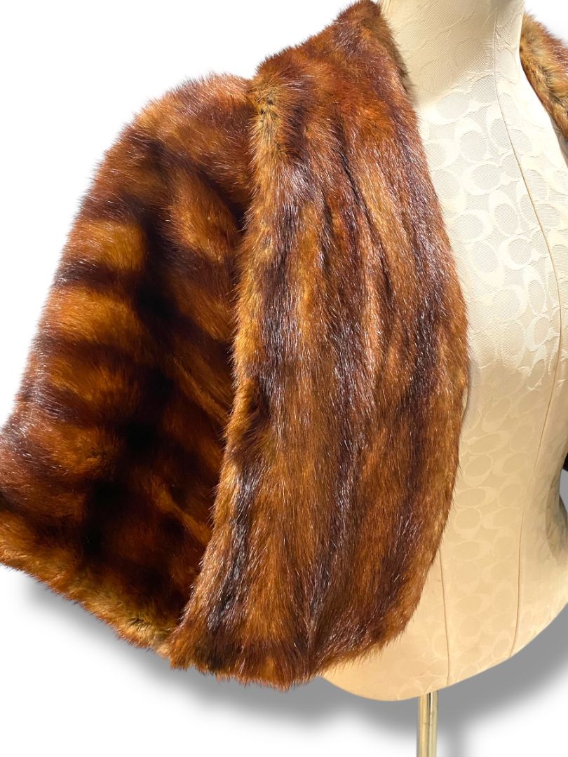 Vintage Brown Mink Fur Cape Shawl Bolero Stole Wrap Let-Out Pelts Striped Midcentury