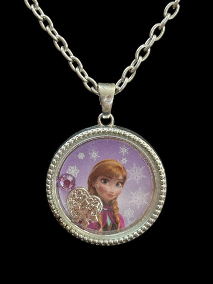 Disney Frozen Anna Pendant Necklace 17" Silvertone Chain 1.5" Diameter