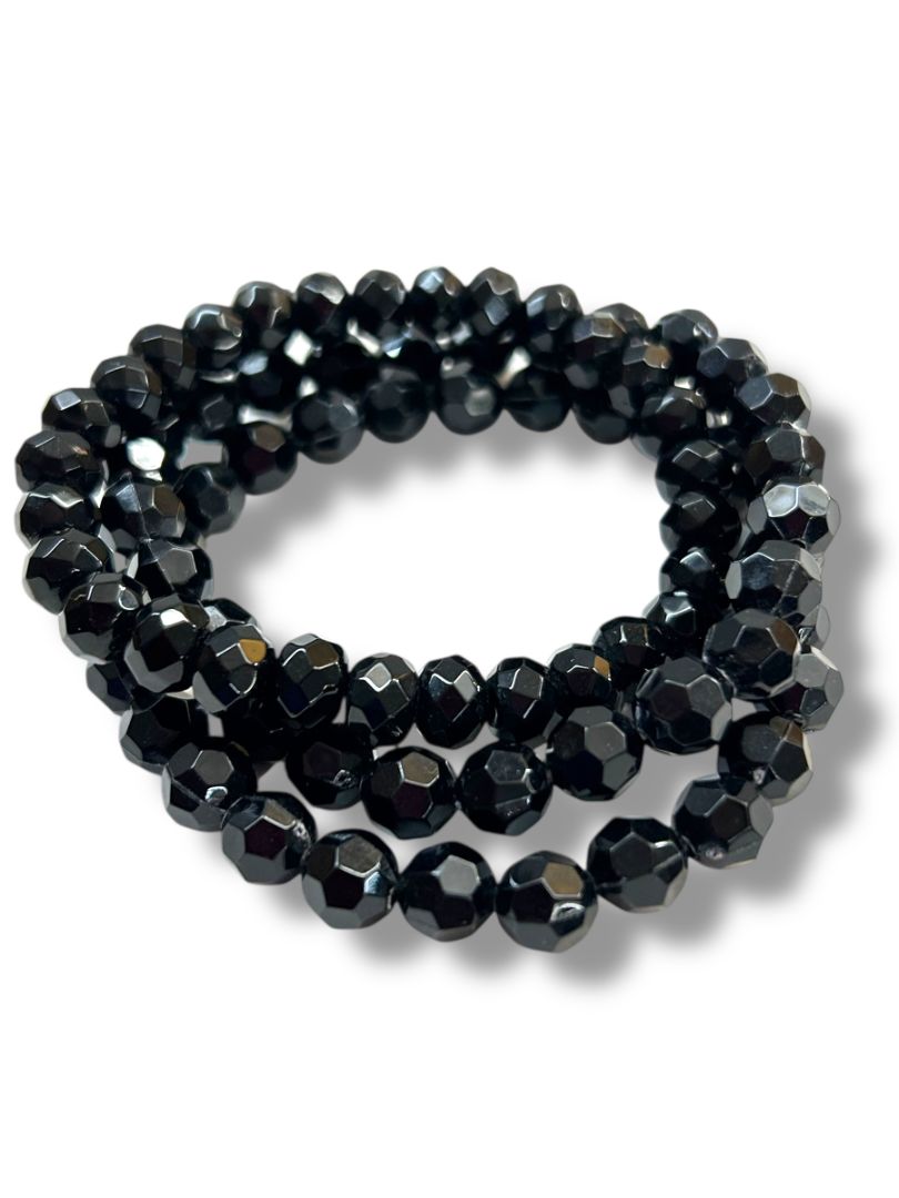 Set of 3 Black Stretch Bracelets Shiny Faceted Beads