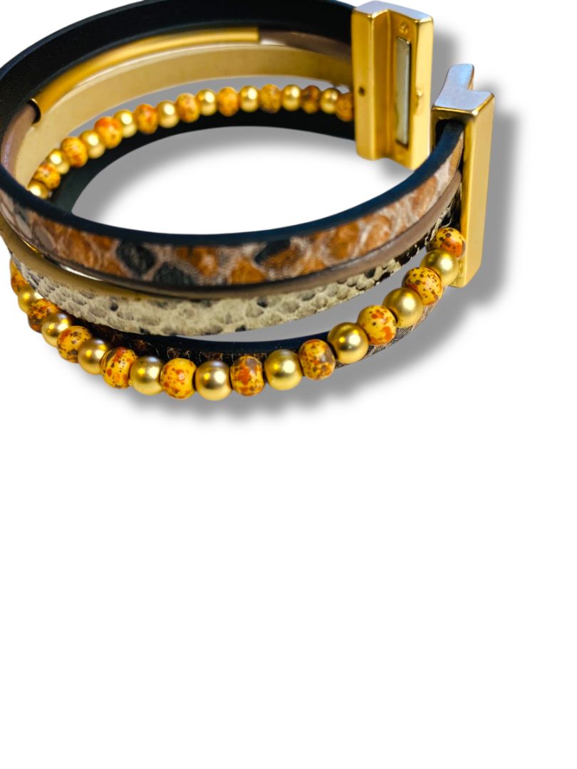 Magnetic Closure Cuff Multi Leather Beaded Bracelet 7.5"