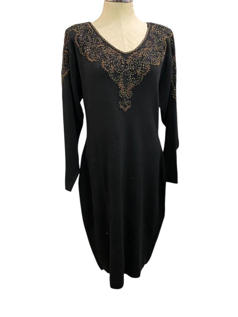 Size 14 Saks Fifth Avenue Wool Sweater Dress Beaded Vintage Hong Kong