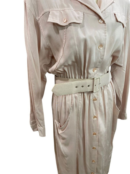 Size 14 Together! Pink Rayon 1980s Dress Belted Button Up