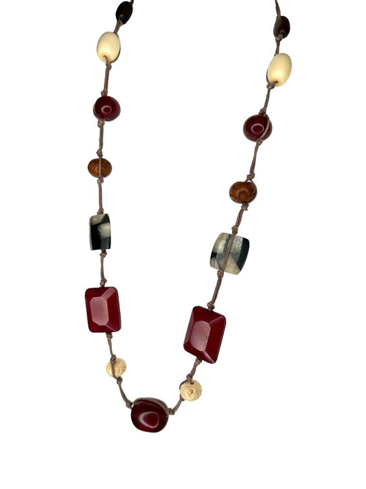 Vintage Boho 32" Necklace Knotted String Wood and Acrylic Chunky Beads