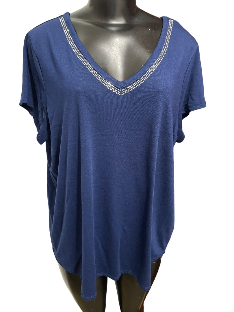 18/20 Avenue Women's V-Neck Crystal Trim Short Sleeve Womens Top Navy Blue