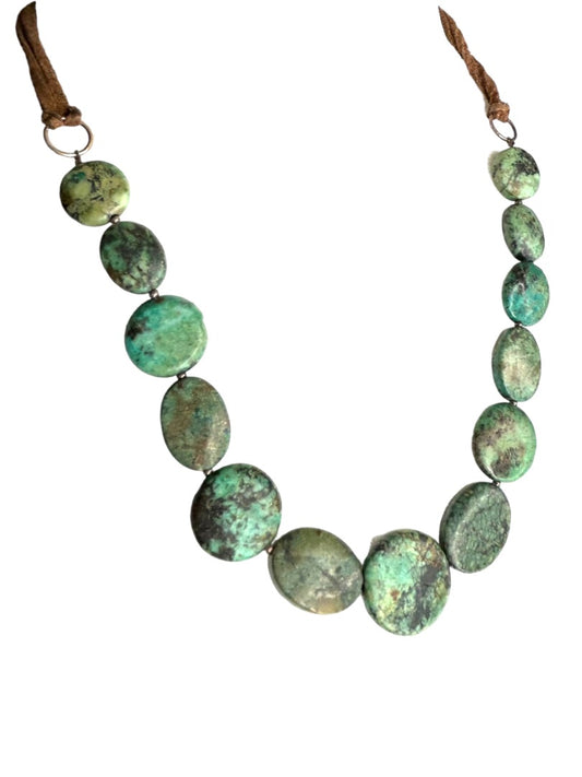 Natural Green Stone Flat Lay Necklace 22" on Leather Cord Lobster Clasp