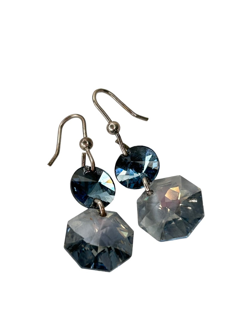 Crystal Blue Gray Beaded Earrings Hook Pierced 1" Drop Dangle