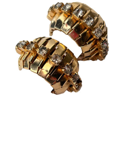 Signed Coro Screwback Non-Pierced Earrings Goldtone Rhinestone Hoop 1 1/8"